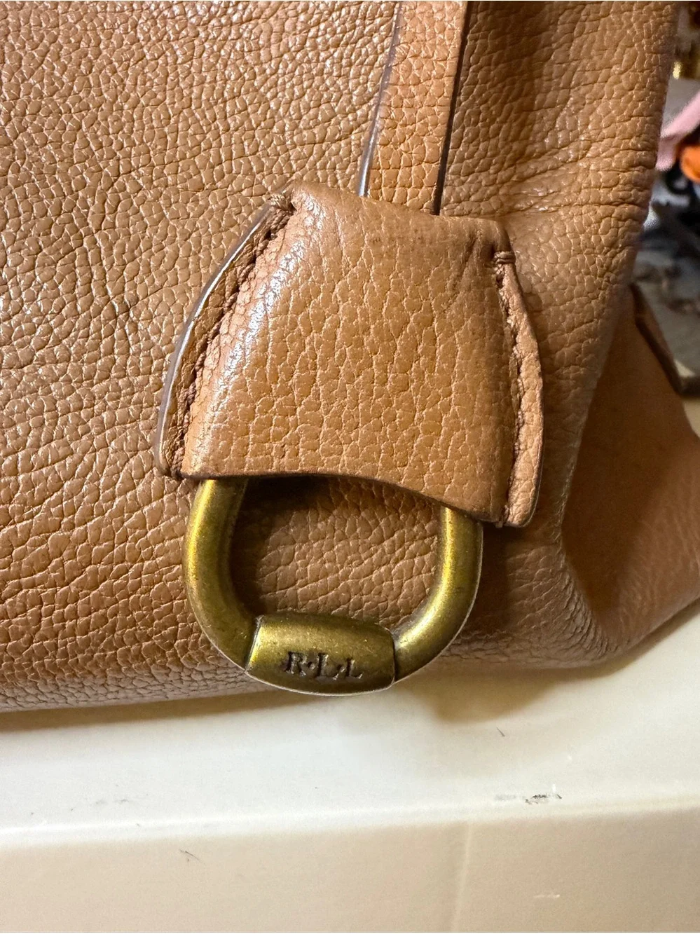 Leather Lauren Ralph Lauren, Satchel Handbag in Cognac Tan with Detachable Strap